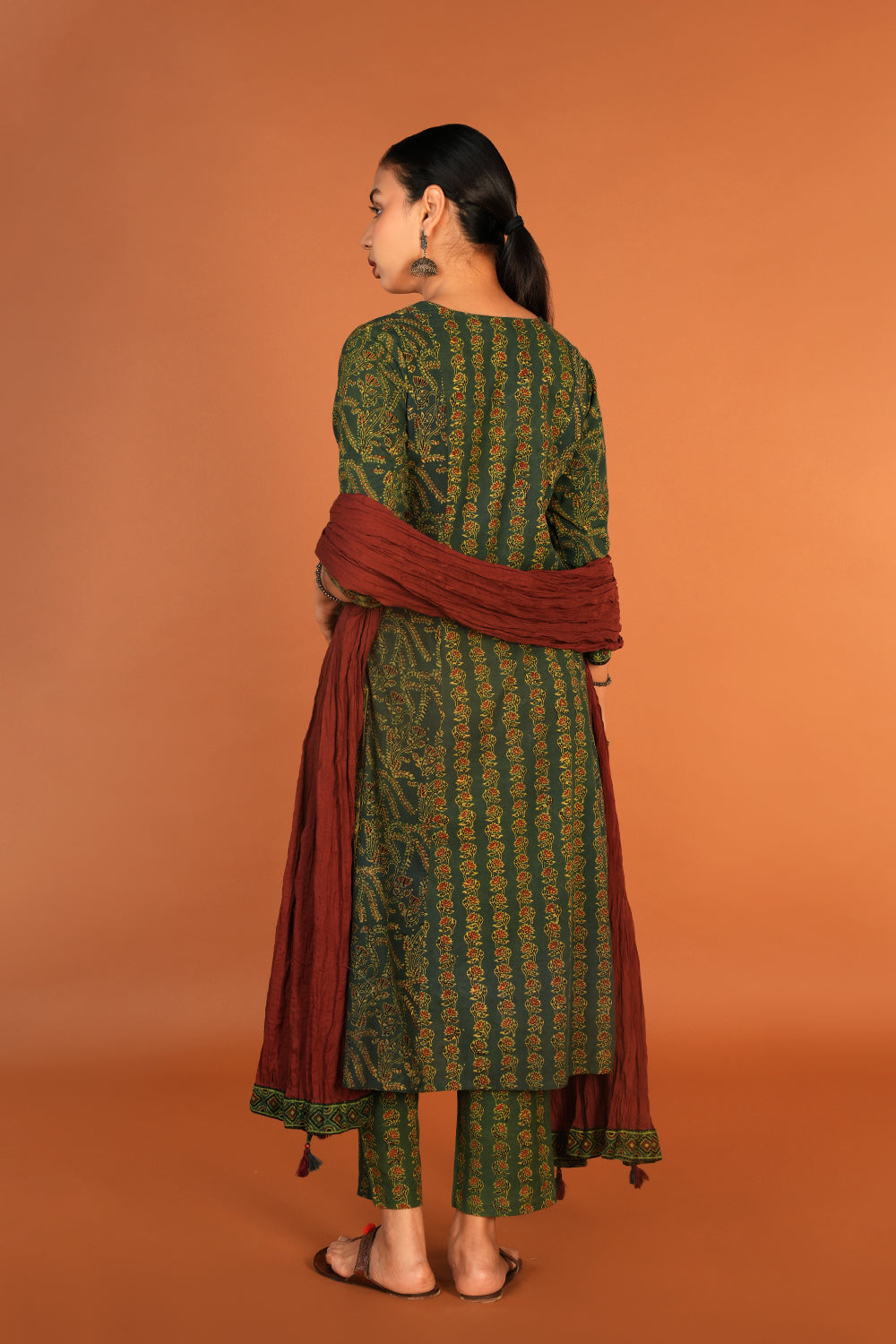 Image of Forest Green Ajrak handblock printed kurta with dupatta set